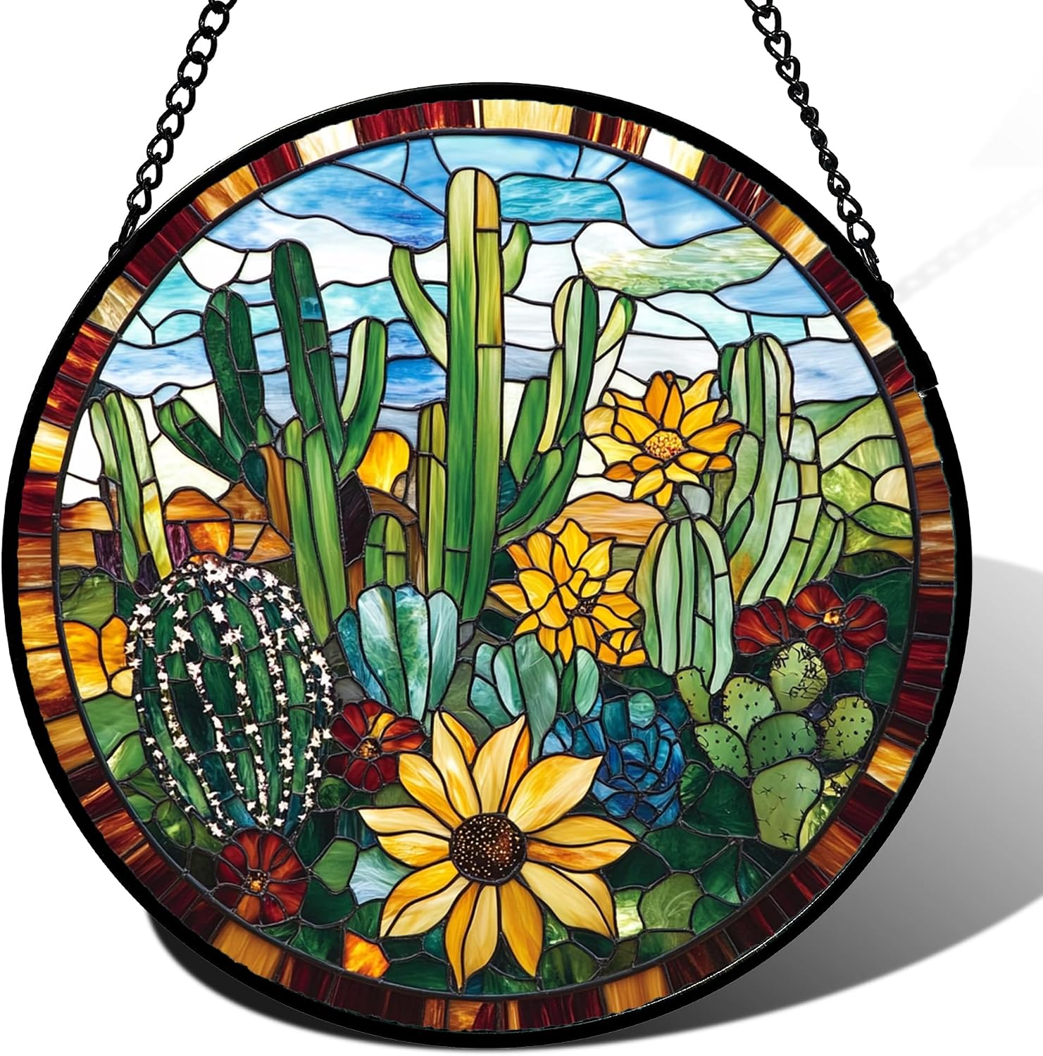 Round Cactus Stained Glass Suncatcher